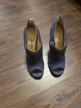 Jimmy Choo Navy Suede Peep-Toe Heeled Booties with Stud Accents